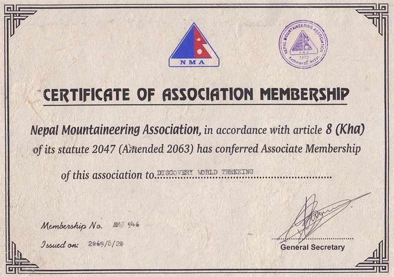 Nepal Mountaineering Association (NMA) Membership Certificate