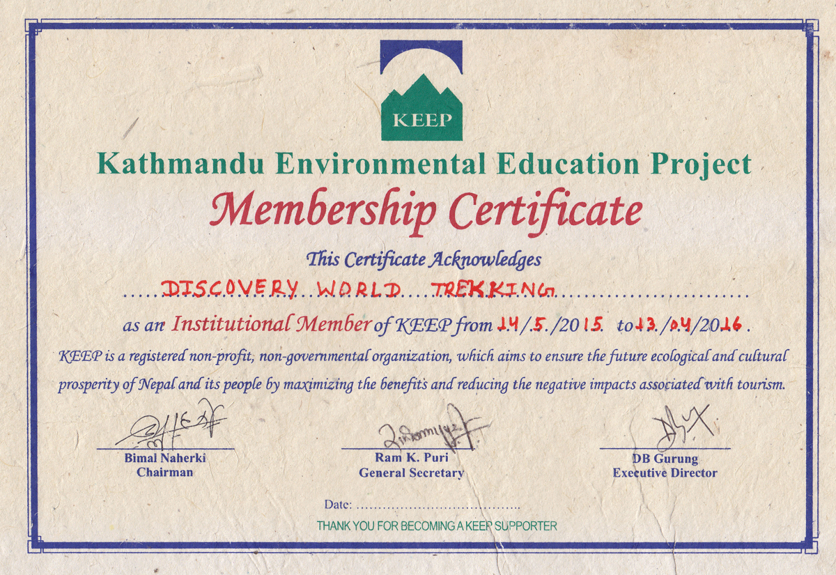 Kathmandu environmental education project (KEEP) Membership certificate