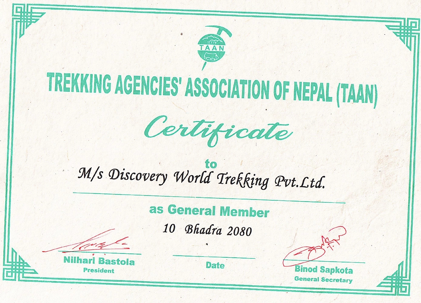 Trekking Agencies Association Of Nepal (TAAN) Membership Certificate