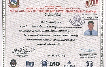 Trekking Guide License from Ministry of Tourism.