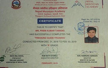 Trekking Guide License from Ministry of Tourism.
