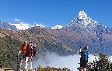 Trekkers in Action; View of Fishtail mountain