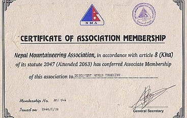 Nepal Mountaineering Association (NMA) Membership Certificate